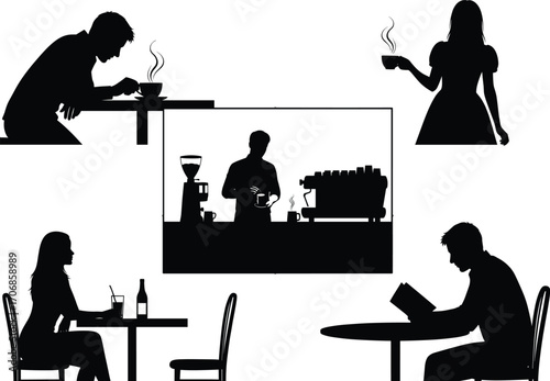 Vector silhouette illustration of people drinking coffee, barista preparing espresso, customers sitting, reading, enjoying beverages in cafe, modern coffee shop scene