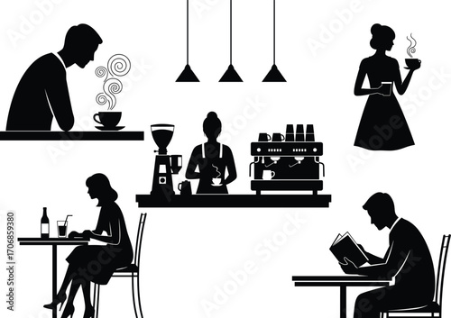 Vector silhouette illustration of coffee shop scene, barista preparing espresso, customers enjoying drinks, reading, sitting at tables, modern cafe interior, steaming coffee cups