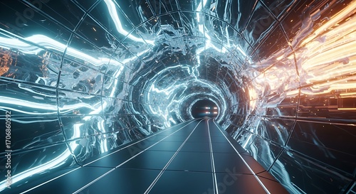 Fototapeta Naklejka Na Ścianę i Meble -  A futuristic tunnel with vibrant neon lighting, reflecting off polished metallic surfaces, leading to an unknown destination.