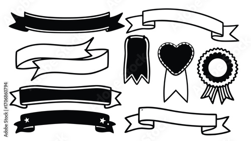 Black and white ribbon banners and awards collection rosette heart