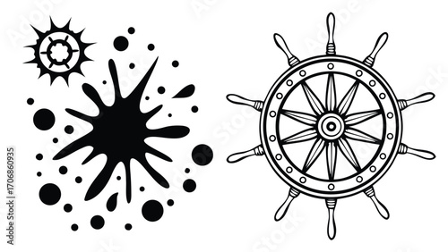Black ink splash and nautical ship wheel drops maritime
