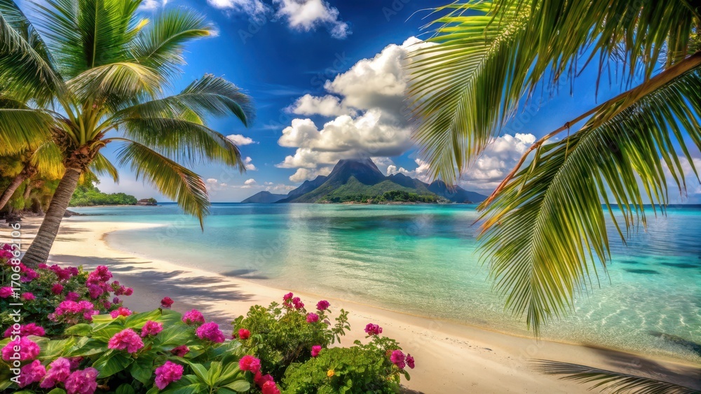 Fototapeta premium Idyllic Tropical Beach Paradise White Sand, Turquoise Waters, Lush Palm Trees, and Vibrant Flowers