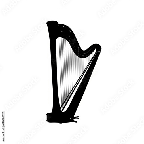 A silhouette of a harp with visible strings and frame standing on a white background in a studio shot created with generative ai