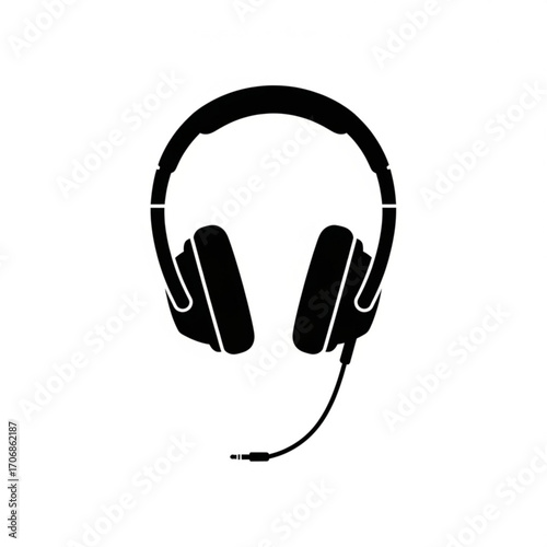 Illustration of a black headset with a curved microphone and a headphone jack on a white background created with generative ai