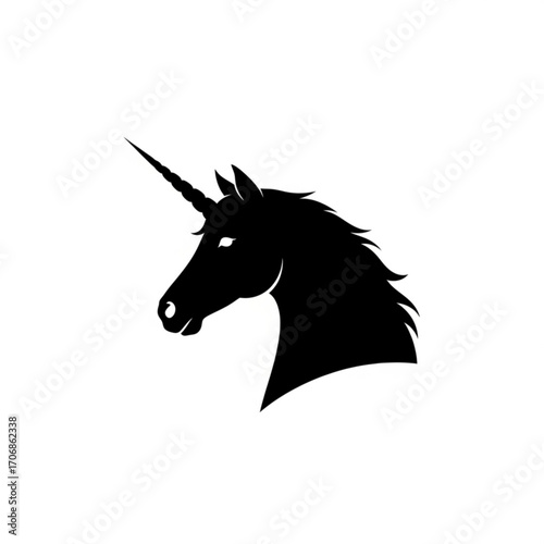 Silhouette of a unicorn head with a prominent horn and flowing mane against a white background image view created with generative ai