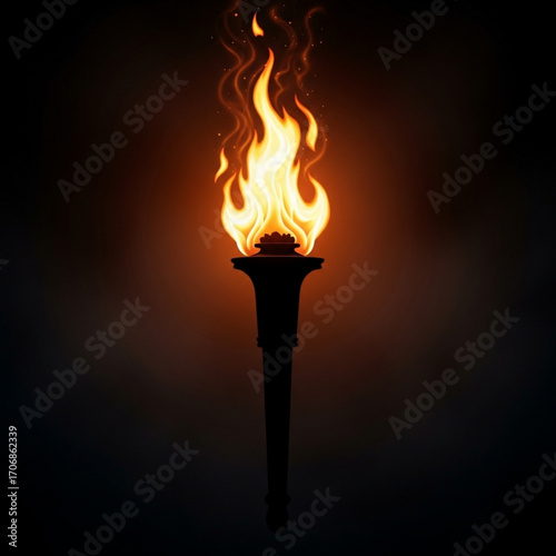 A vividly lit torch with bright flames against a dark background creating a dramatic contrast image created with generative ai