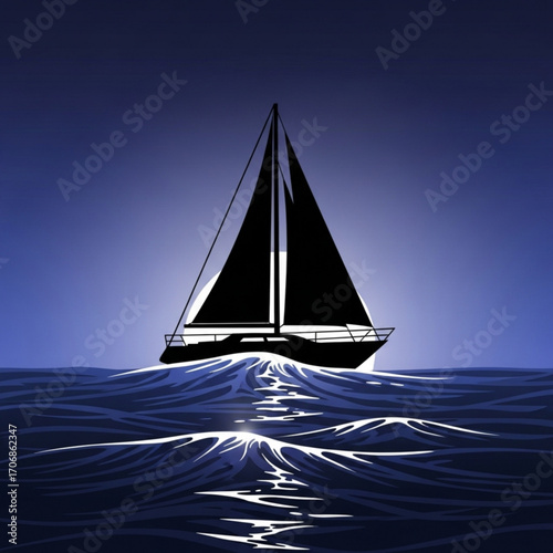 A silhouette of a sailboat sailing on a wavy body of water under a gradient blue and white sky background created with generative ai