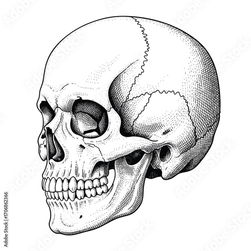 A detailed handdrawn human skull illustration in a vintage engraving style shown in a threequarter profile view.