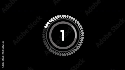 Circle countdown timer from 5 to 0 second animation with  running circle and symbol on black background. 4K video