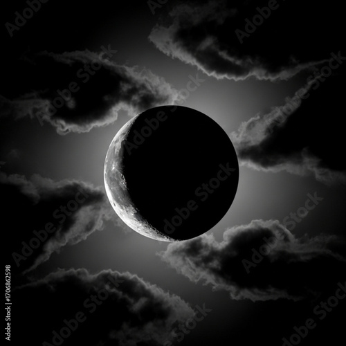 A crescent moon shines brightly amidst a dark sky filled with swirling and ominous looking clouds above created with generative ai