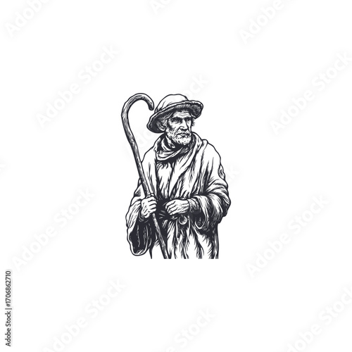 Detailed monochrome illustration of an old man, likely a shepherd or wise traveler, wearing a hat and holding a curved staff