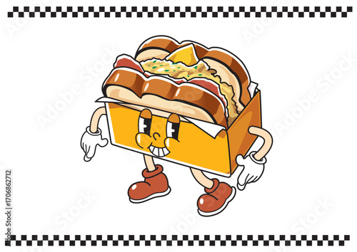 Cartoon style sandwich character happily walking in a yellow box with checkered border. Food concept.
