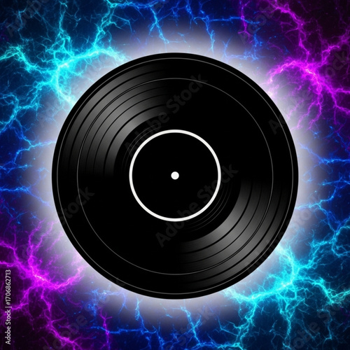 A black vinyl record with a white center label against a vibrant lightning background design illustration created with generative ai