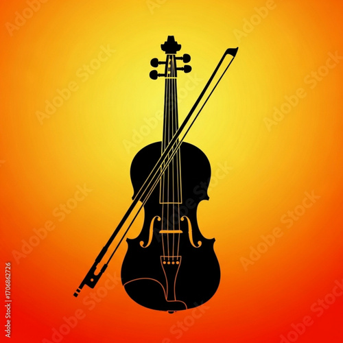 Silhouette of a violin with bow against a vibrant orange and yellow gradient background image art created with generative ai