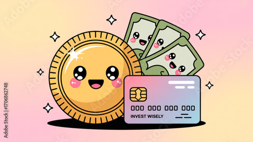 A cute cartoon illustration featuring a smiling coin, dollar bills with happy faces, and a credit card, all set against a soft, gradient background