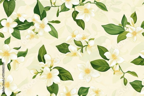Beautiful floral jasmine pattern with white flowers and green leaves on soft beige background for elegant and fresh design projects