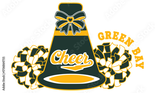 Gold and Dark Green Cheerleading Megaphone with a Bow and the word CHEER, and a set of pom-poms. Football Cheerleader illustration.