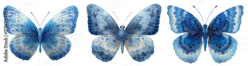 Three blue butterflies with patterned wings