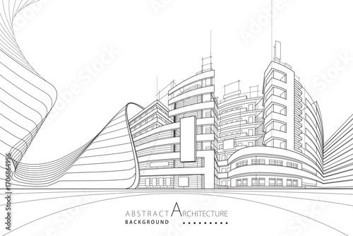 Creative architectural perspective of urban buildings in a 3D abstract line drawing.