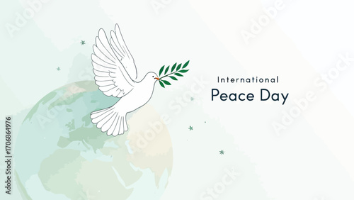 Minimalist vector of a white dove carrying an olive branch flying across the Earth, representing global harmony and unity for the International Day of Peace