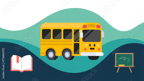 A cheerful school bus with a book and blackboard on a wavy background, representing education and transportation in a fun way