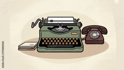 Vintage illustration of a typewriter, telephone, and notebook, evoking a sense of nostalgia and classic design