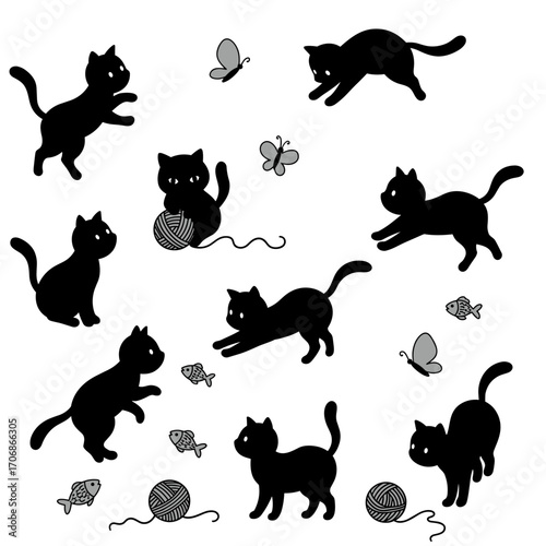 Nine black cat silhouettes in playful poses, surrounded by butterflies, fish, and yarn balls.
