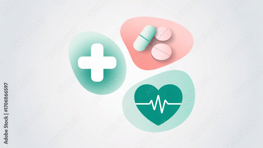 Obraz premium Medical icons with plus sign, pills, and heart rate healthcare and medicine concept with modern design and soft colors