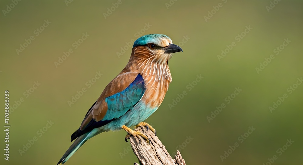 Fototapeta premium Close-up of a colorful kingfisher perched on a branch against a blurred green background.