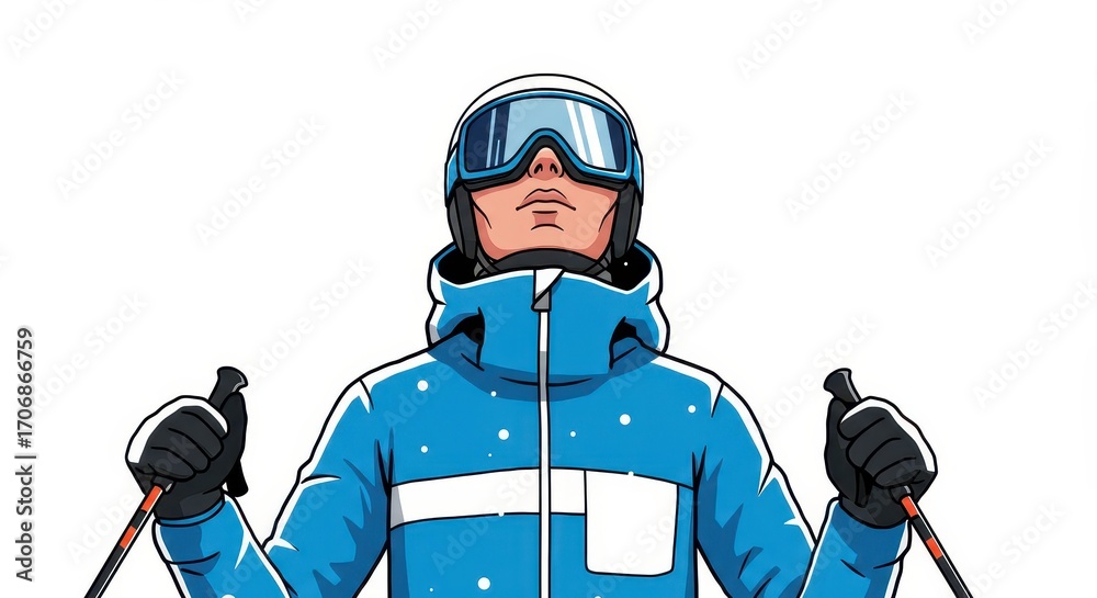 Naklejka premium A person in blue ski attire, holding ski poles, gazes upwards against a pure white background.