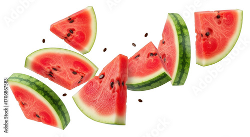 Falling slices of watermelon isolated on transparent background