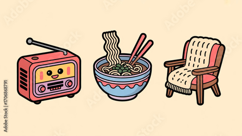 A cozy cartoon illustration featuring a vintage radio with a smiling face, a bowl of ramen with chopsticks, and a comfy armchair with a knitted blanket