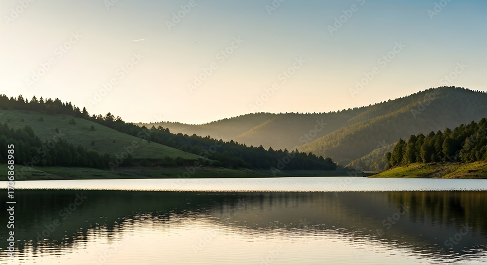 Fototapeta premium Serene lake landscape with rolling hills and trees reflected in calm water at sunrise or sunset.
