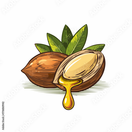 Luxurious argan oil dripping from cracked nut with vibrant green leaves symbolizing natural beauty and wellness