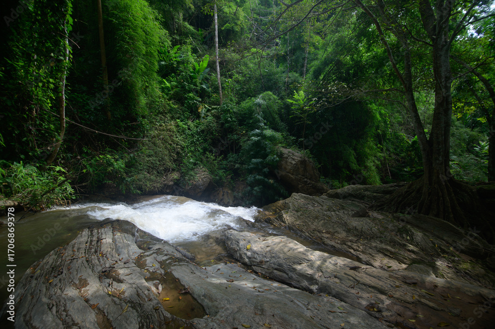 Obraz premium Tranquil Waterfall Scene in Chiang Mai with Lush Greenery