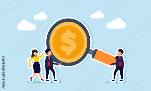 Group of businessmen and businesswomen working together lifting a magnifying glass with dollar coin illustration of research and risk management for business company