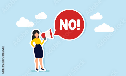 Businesswoman speaking with a megaphone showing a chat dialog with the word NO illustration of disagreement over an idea