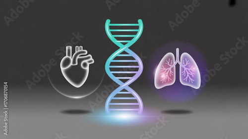 A futuristic representation of human health, featuring dna, heart, and lungs, symbolizing medical advancements and genetic research for wellbeing