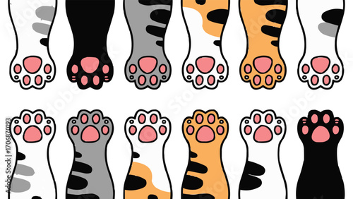 Cute cartoon cat paw pattern with colorful kitten feet and pink pads for seamless background and t shirt design