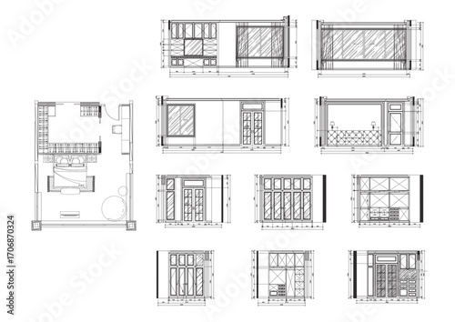 “Bedroom, Dressing Room and Workspace Furniture Layout Plan – Elevation Vector Design”