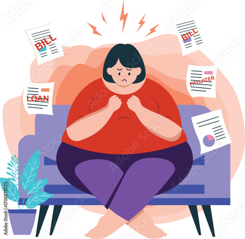 Overweight Woman Overwhelmed by Online Loan Debt, Bills and Financial Stress Anxiety Illustration