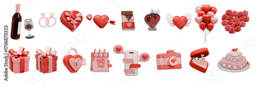 A vibrant 3D collection of Valentine's Day icons featuring romantic elements like hearts, gifts, rings, and love letters for festive designs