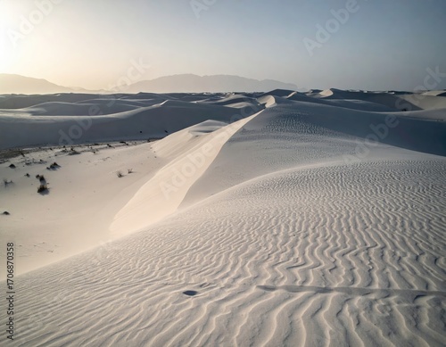 Vast expanse of white sand dunes, bathed in soft morning light, gentle undulations, distant mountains, sparse desert plants