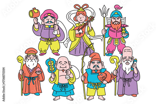 カラフルでポップなかわいい七福神の線画ベクターイラストセット