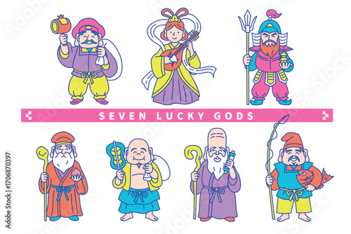 カラフルでポップなかわいい七福神の線画ベクターイラストセット