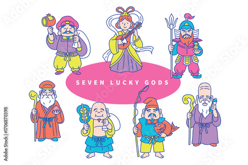 カラフルでポップなかわいい七福神の線画ベクターイラストセット