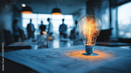 Illuminated Light Bulb with Network Connections on a Table with Blueprints