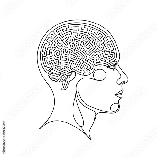 Conceptual oneline drawing of a human head in profile with the brain depicted as a complex maze.