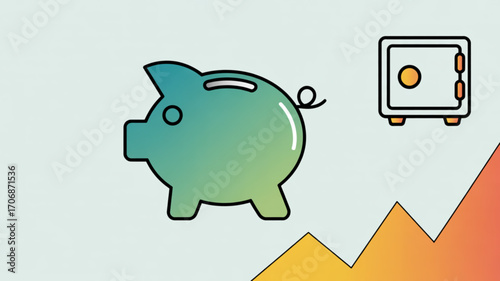 Illustration depicting financial growth with a piggy bank, safe, and rising graph, conveying savings, security, and investment success on light background