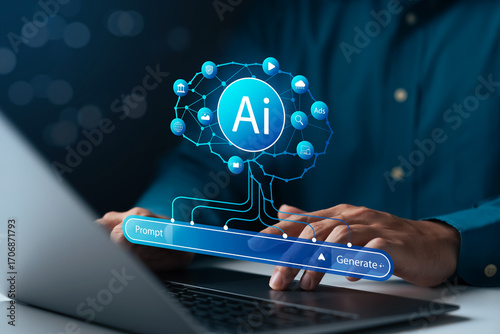 AI prompt generate concept showing person typing on laptop with artificial intelligence app interface, digital technology, automation, innovation, and futuristic software solution.